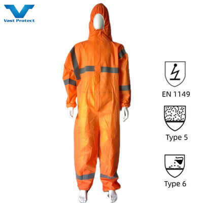 CE Tipo 5 6 Certificado EUA PPE Desutilizável SMS 56GSM Camisa de abrigo laranja com fita refletora