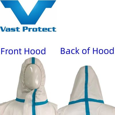 Vestuário branco descartável e resistente, respirável, com amostras de costura seladas em azul