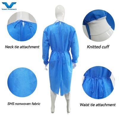 Vestido cirúrgico protetor com algemas de malha Tecido anti-estático macio VPT-501 Fechamento pescoço/ costas PP azul não tecido