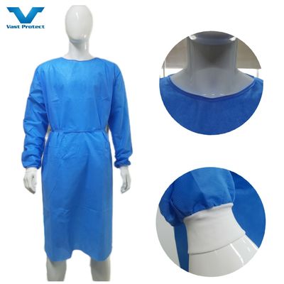 Vestido cirúrgico protetor com algemas de malha Tecido anti-estático macio VPT-501 Fechamento pescoço/ costas PP azul não tecido