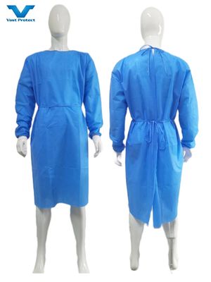 Vestido cirúrgico protetor com algemas de malha Tecido anti-estático macio VPT-501 Fechamento pescoço/ costas PP azul não tecido