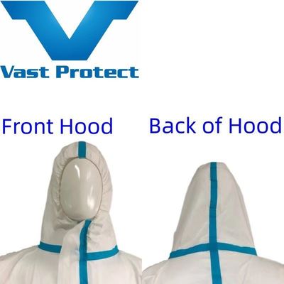 VASTPROTECT-604 Anti-estático descartável, com capuz, branco, revestido com microfilme de faixa azul