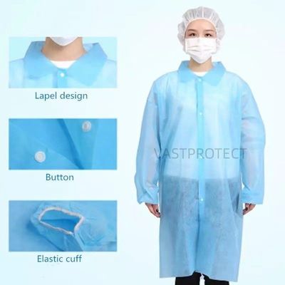 Colete de laboratório de polipropileno descartável com pulsos elásticos e fecho rápido Unisex impermeável