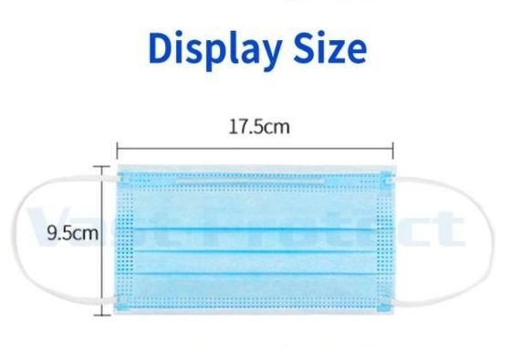 Máscara facial VPT de 17,5x9,5cm Mascara de protecção de 3 camadas de tecido não tecido azul descartável
